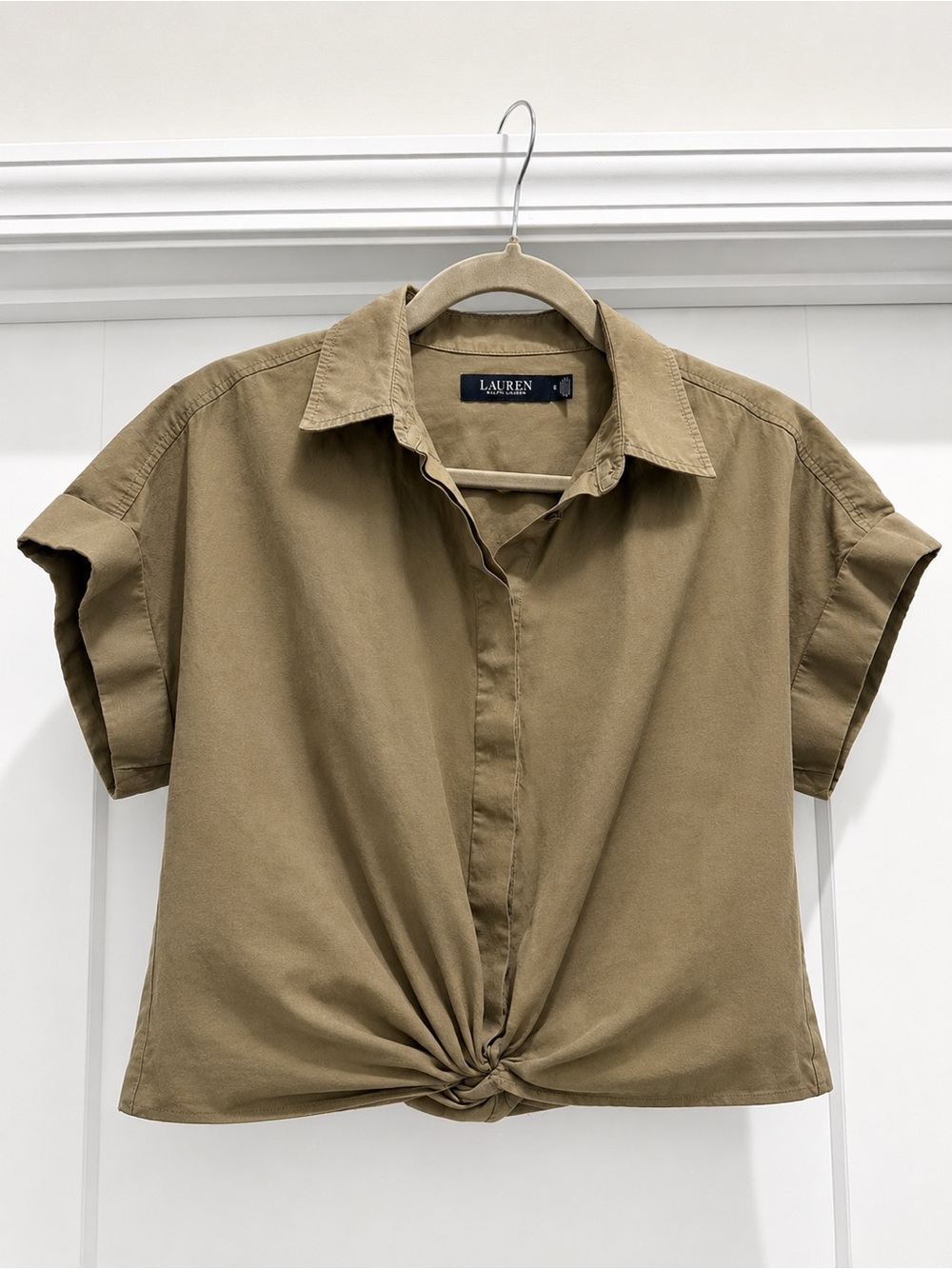 Lauren Ralph Lauren Khaki Twist Front Short Sleeve Blouse Size 6